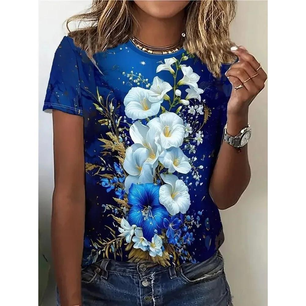 Summer Round Neck Flower Pattern 3D Print Top Fashionable Casual Short Sleeved Women's T-shirts