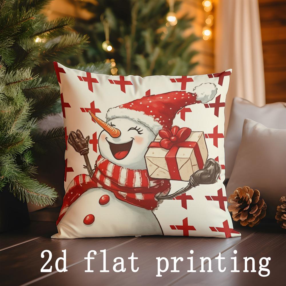 

Home Decor Christmas-themed Pillows with Tree & Snowman Prints Pattern Cushion Cover Suitable for Sofa Bedroom Car Pillow Cover 16x16Inch