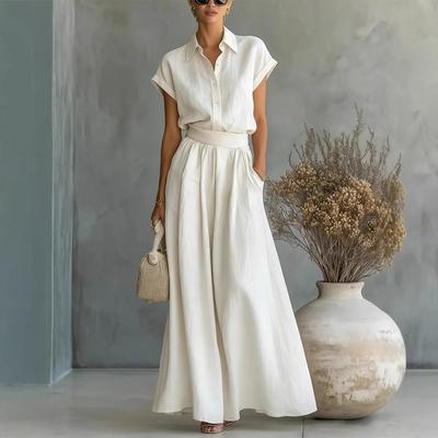 Women White Short Sleeve Shirt Maxi Dress Casual Lapel Button Down Loose Fit