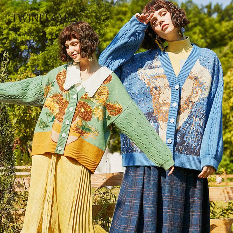 Herbst Winter Ölgemälde Stil Pullover Pullover Frauen Retro Jacquard Strickjacke Dame Mantel Pullover Mujer