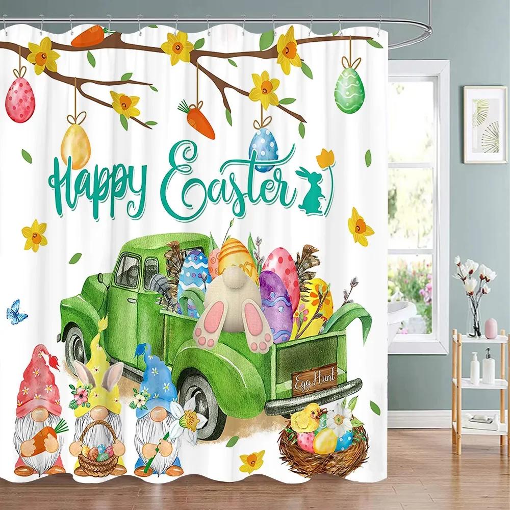 Happy Easter Bunny Shower Curtain Farm Truck Bunny Eggs Butterfly Elf Washable Polyester Fabric Hanging Curtains Bathroom Decor