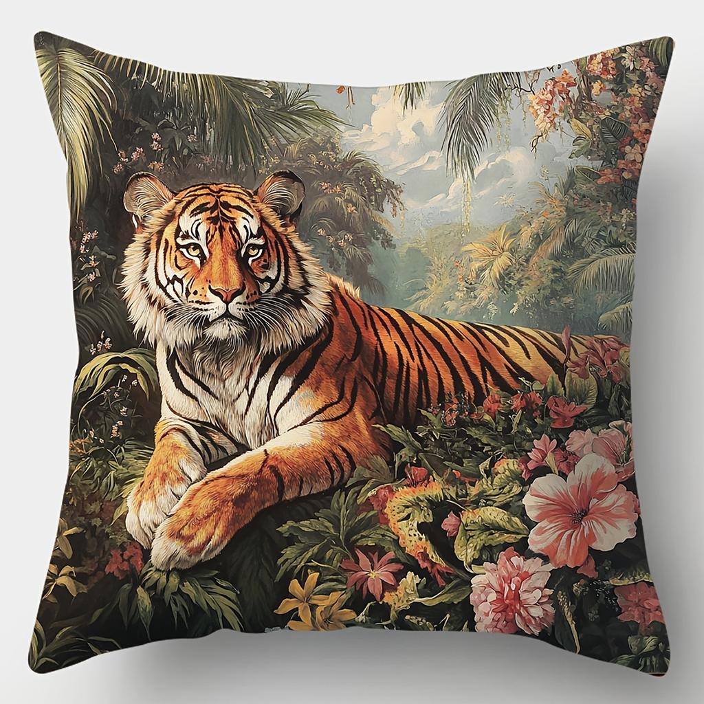1Pc With Printed Pillowcases Featuring Designs Of A Forest, Tiger, Wolf, Lion, Leopard, Flowers(Pillow Inserts Not Included)
