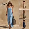 Versatile Women Dress Women's Sleeveless Maxi Dress, Square Neck Spaghetti Strap Retro Style Casual Long Summer Slit Beach Vacation Sundress Everyday