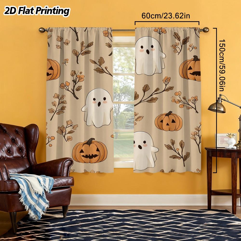 2PCS Halloween Fall Curtains, Ghost Pumpkin, Digital Print, Bedroom Living Room, Office, Kitchen, Bathroom, Rod Pocket