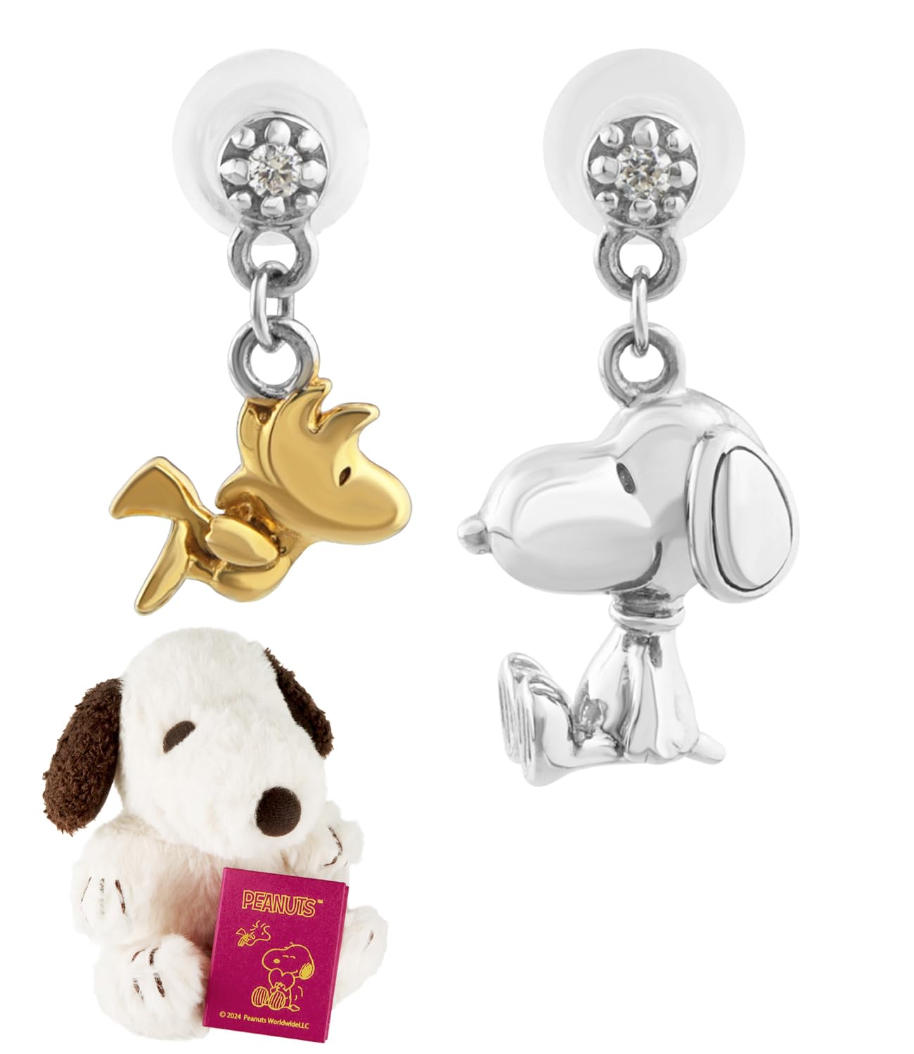 Gin no Limited Edition Snoopy and Woodstock 3D Asymmetrical Earrings Silver 925 Official [Shinjuku Kura] (2-Piece Set)