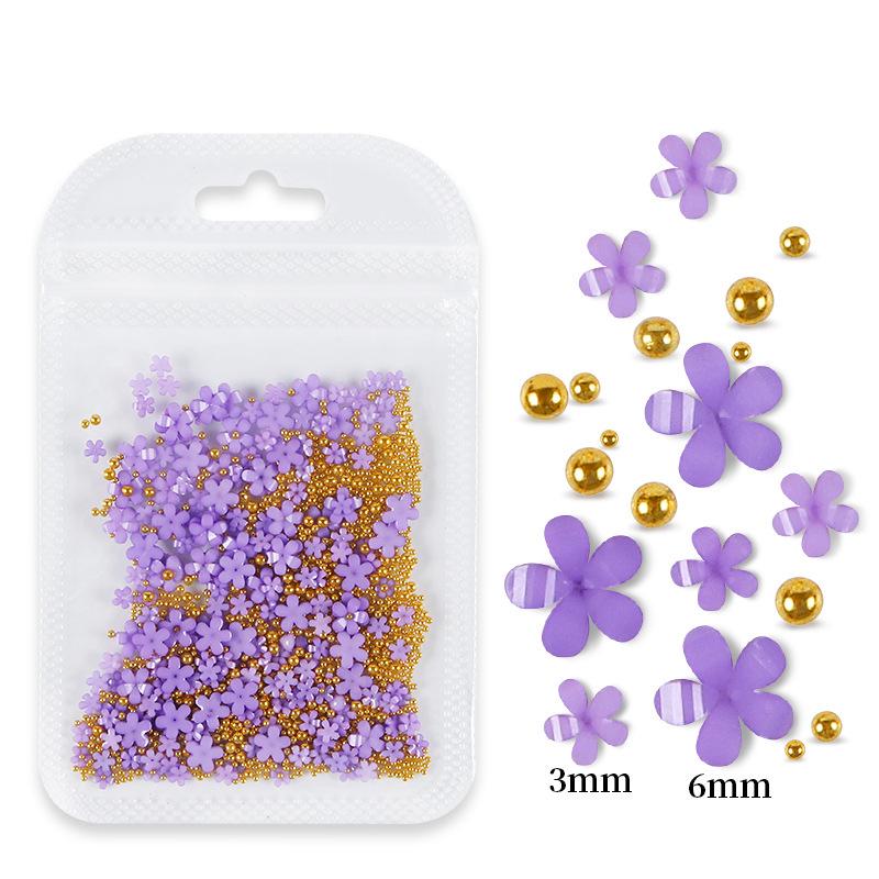 200pcs Five-Petal Nail Art Flowers with Gold & Silver Beads - White & Pink Resin Ornaments