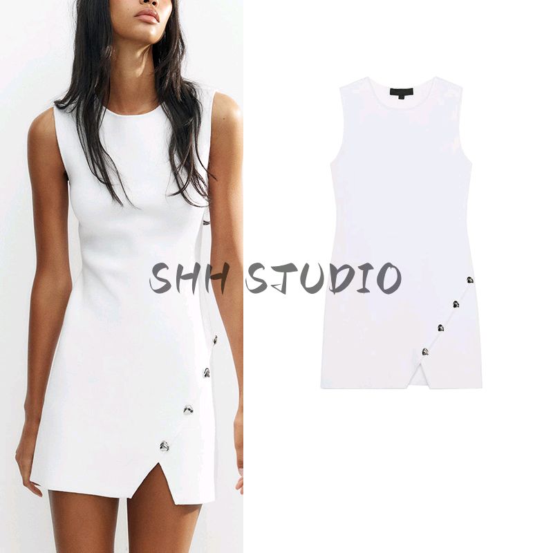 Spring and Summer Women's Clothing French Asymmetrical Design Knitting Sleeveless Round Neck Minimalist Short Dress 9598074