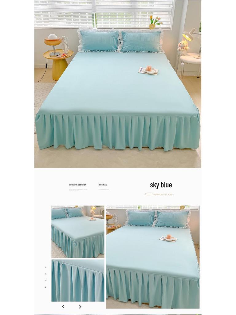 Princess Style Pure Cotton Lace Bed Skirt Set - 3 Piece Non-Slip Washed Cotton for All Seasons