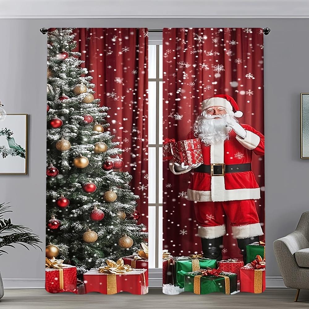 2Pcs Polyester Christmas Santa Claus Printing Window Curtains Birthday Party Decoration Backdrop Drapes for Living Room