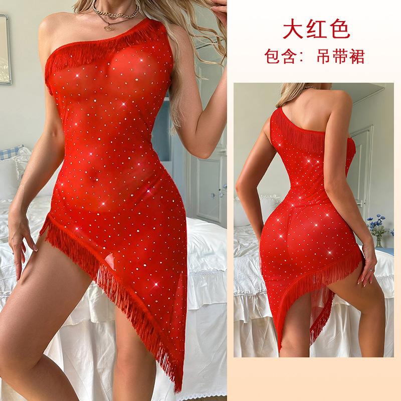 Atmosphere Hot Diamond Mesh Skirt One Shoulder Tassel Irregularly Split Sexy Spice Girl Style Slim Dress 736 S