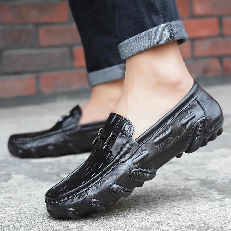 Men Casual Shoes Genuine Leather Crocodile Style Luxury Brand Mens Loafers Moccasins Slip on Black Driving Shoes Plus Size 38-47