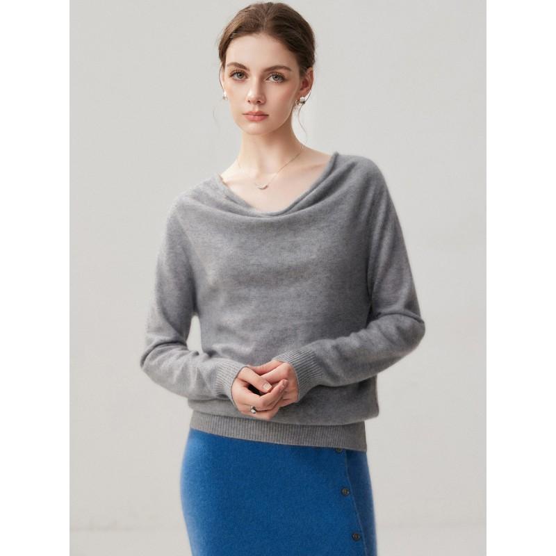 Womens Cashmere Blend Sweater With Batwing Sleeves Loose Fit Turtleneck-Free Boat Neck Knit Top Winter