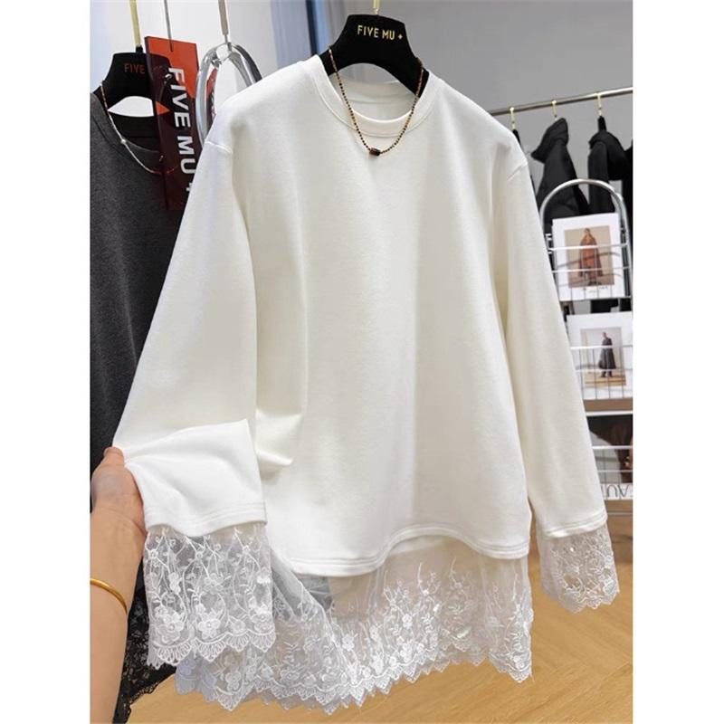 Lace Patchwork Fleece Sweatshirt Casual Loose Long Sleeve Top