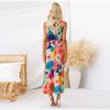 Colorful Flower Printed Dress Women Long Sleeve O-neck Strap Waist Lace Up Backless Dresses Female Fashion Holiday Lady Robe
