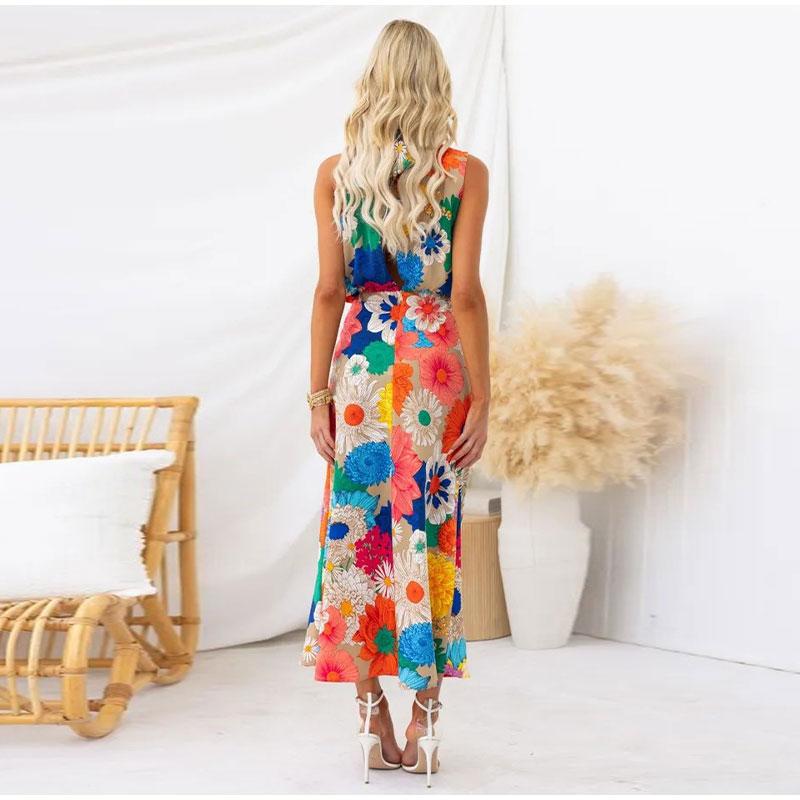 Colorful Flower Printed Dress Women Long Sleeve O-neck Strap Waist Lace Up Backless Dresses Female Fashion Holiday Lady Robe