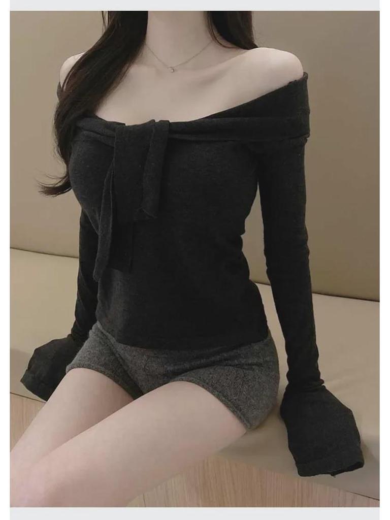 South Korea's Dongdaemun New Sexy Lace-Up Knit Sweater – Flirty Collarbone-Revealing Design