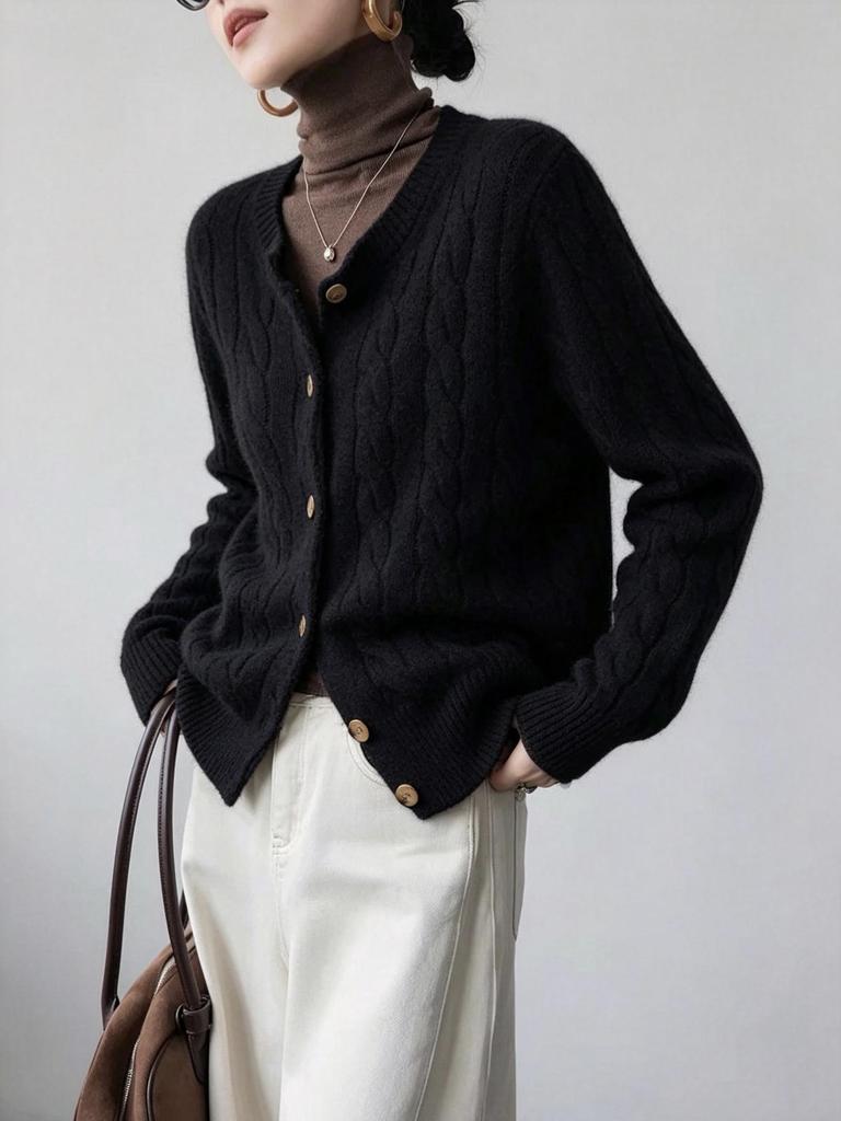 Women's Round Neck Cable Knit Wool Cardigan - Thickened Long Sleeve Sweater Coat, Autumn/Winter Old Money Style