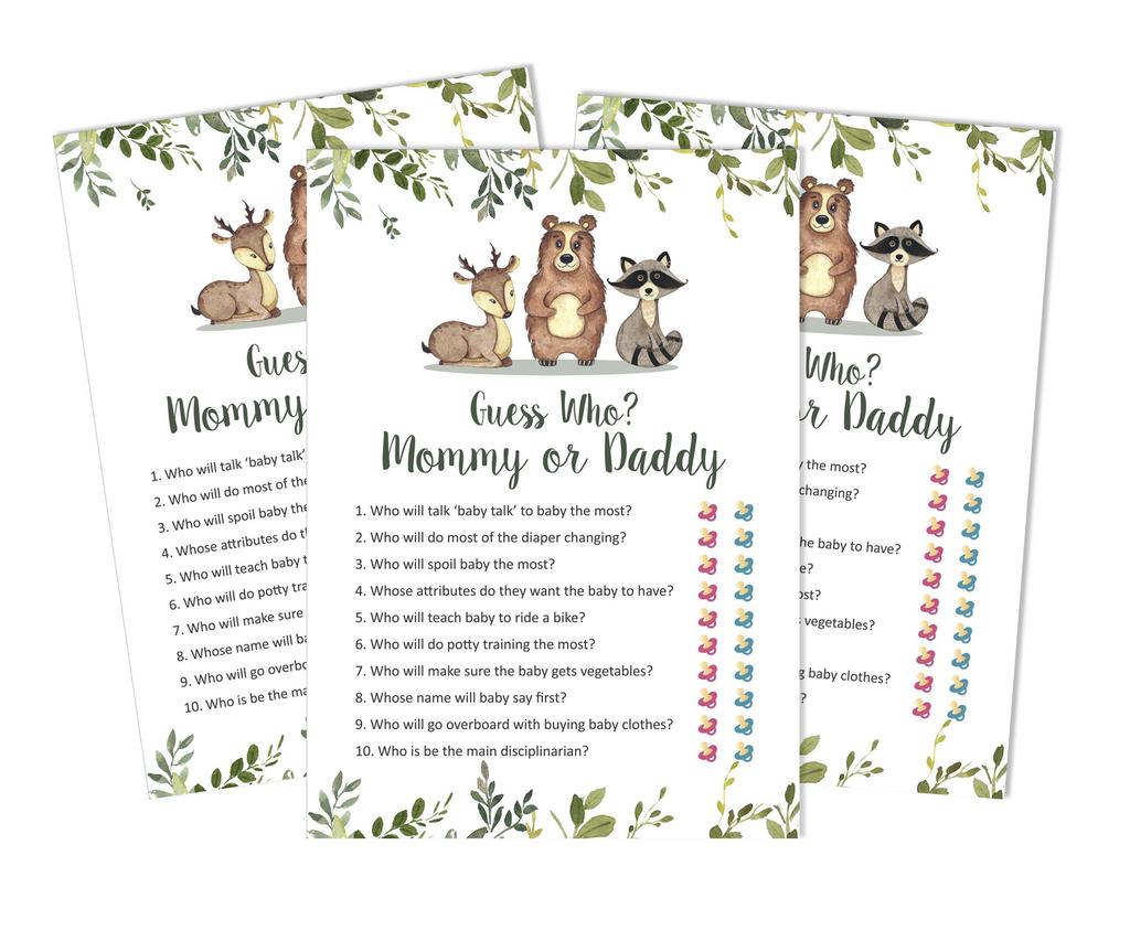 Inkdotpot Mommy Or Daddy Who Said it Game Gender Neutral Leaves & Animals Set of 50 Fun Baby Shower Game Party Supply