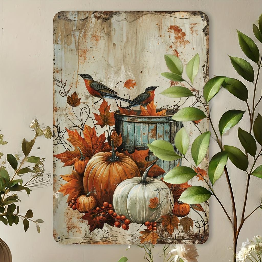 Autumn Harvest Iron Metal Tin Sign - Vintage Pumpkin and Birds Wall Art, Rustic Farmhouse Decor - For Home& Fall Decor Lovers