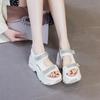 Fashion Rhinestone 7CM  2025 New Genuine Leather Sandals Women Elevator Shoes Comfy Fashion Summer Platform Wedge Ladies Hook&Loop Shoes