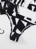2024 High-Waisted Mesh Waist-Cinched One-Piece Swimsuit with Printed Drawstring and Three-Piece Bikini Set