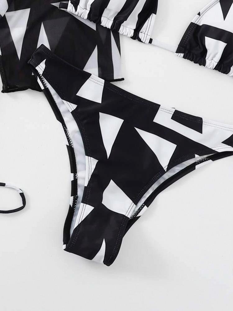 2024 High-Waisted Mesh Waist-Cinched One-Piece Swimsuit with Printed Drawstring and Three-Piece Bikini Set