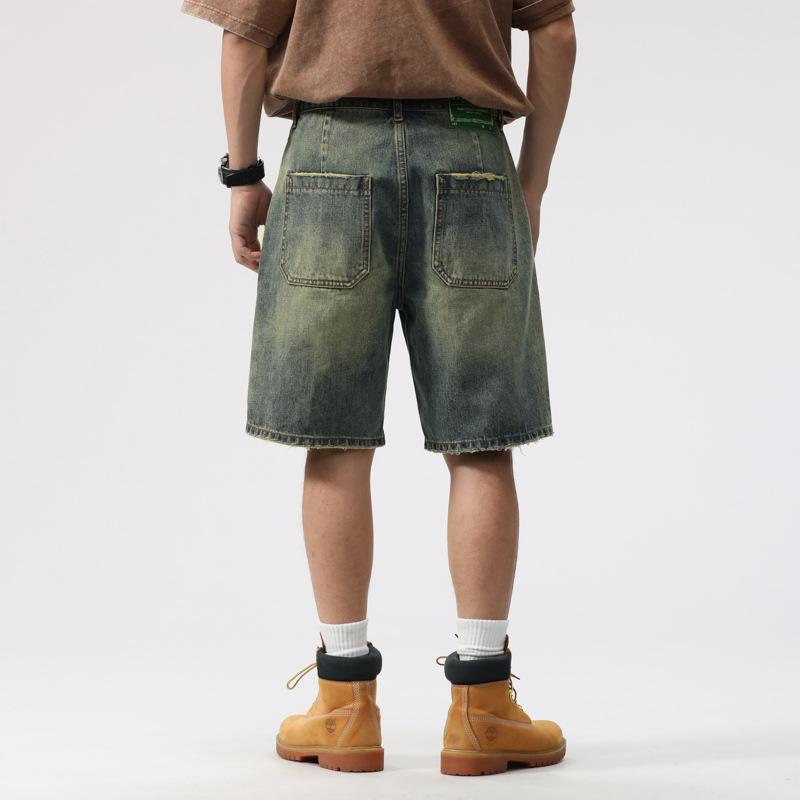 New Summer Retro Old Ripped Denim Shorts Men's Loose Straight Cutout Pants