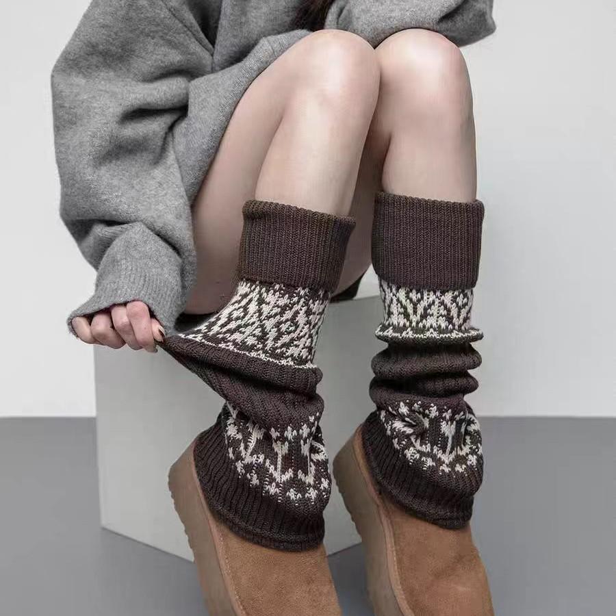 Knitted Mid-Leg Socks, American Vintage Sock Covers, Maillard Contrasting Warm Casual With Shoes And Boots, Stacked Socks