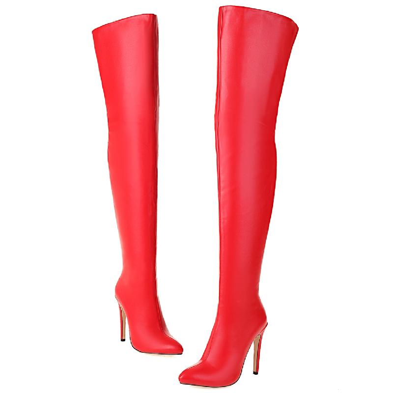 Cizme Elastic Peste Genunchi cu Toc Înalt Femei Sexy Peste Genunchi Vârf Ascuțit Negru Roșu Alb Fetiș Pantofi de Dans Mărime Mare 45 48