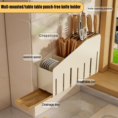 Wandmontierter Messerhalter, Kunststoff-Aufbewahrungsregal für die Küche, multifunktionales Werkzeugzubehör, Essstäbchen, integrierte Aufbewahrungsregale