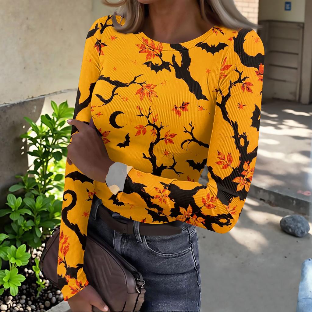 Women Halloween Print Long Sleeve Slim Fit Crew Neck Base Layer T Shirt Casual Stretchy Top for Everyday Wear