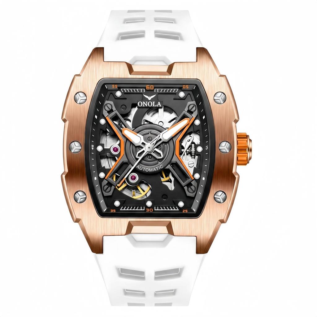 Luminous Skeleton Self Winding Mechanical Watches for Men Tonneau Shape Waterproof Sports Watch Rubber Strap