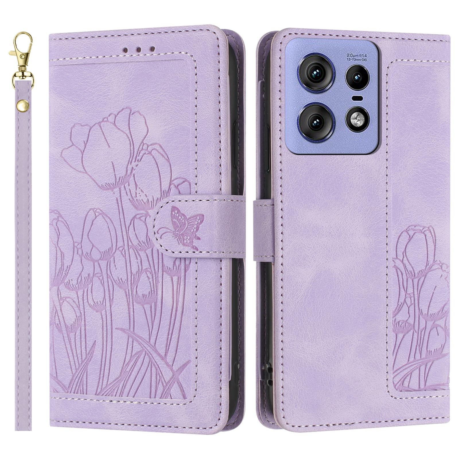 

For Motorola Edge 50 Pro 5G Tulip Leather Case Phone Cover with 5 Card Slots Wallet Purple