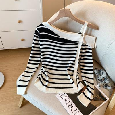 Design Contrast Color Slant Shoulder Design Sense Long Sleeve Knitted Sweater Versatile Skinny Top