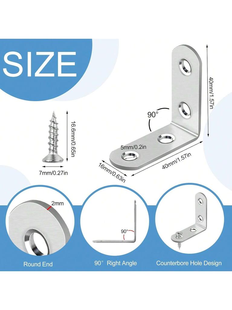 40/30pcs Stainless Steel L-Shaped Corner Brace Set with Screws for Wooden Shelves, Chairs, Vanities, Cabinets, Furniture Repair
