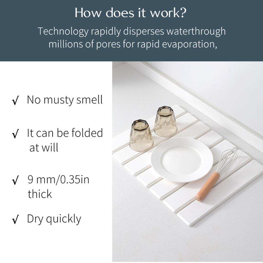 Diatomaceous Earth Kitchen Drying Mat Foldable Super Absorbent Pad for Tableware Nonslip Dishes Cups Draining Mat