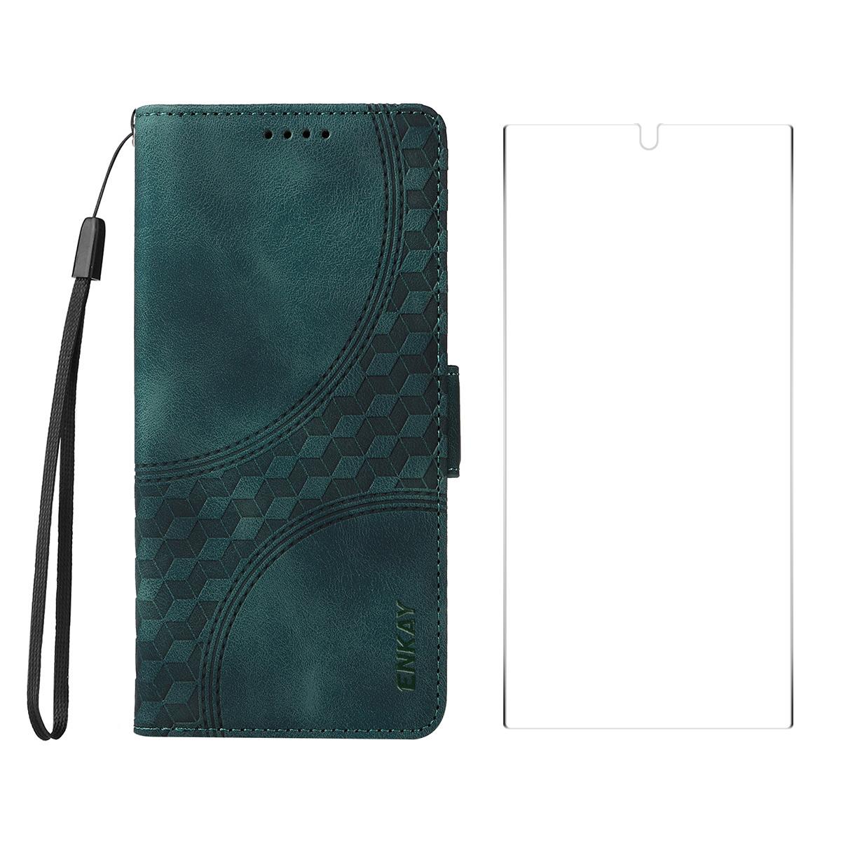 

For Samsung Galaxy S25 Ultra Wallet Case ENKAY Imprint PU Leather Phone Stand Cover with Tempered Glass C