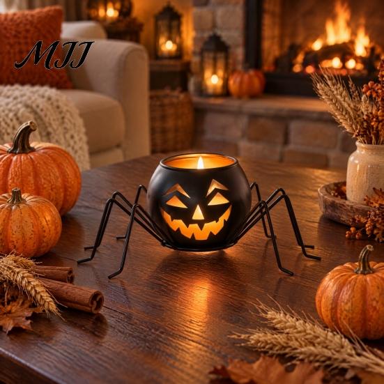 Indoor Decorative Votives Halloween Pumpkin Glass Candle Holder, Iron Art Tealight Lantern for Tabletop Window Spooky Home Ornaments And Fireplace