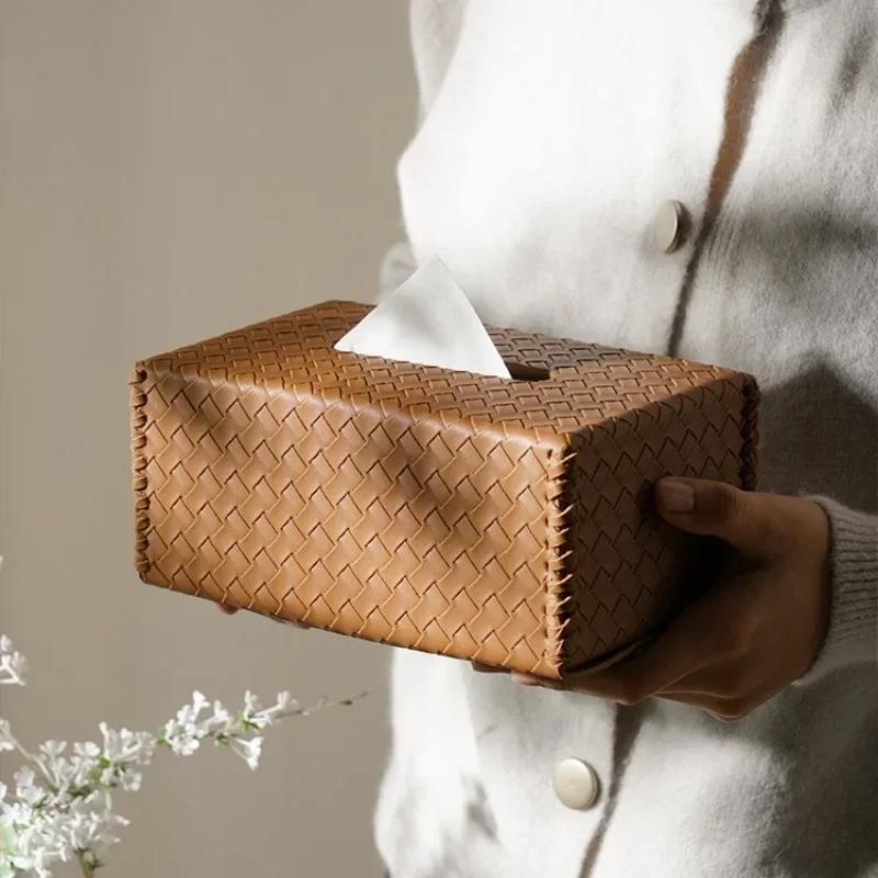 Luxury Woven Leather Tissue Box Cover, Creative Minimalist Napkin Holder for Living Room Desktop, High-End Home Decor Organizer
