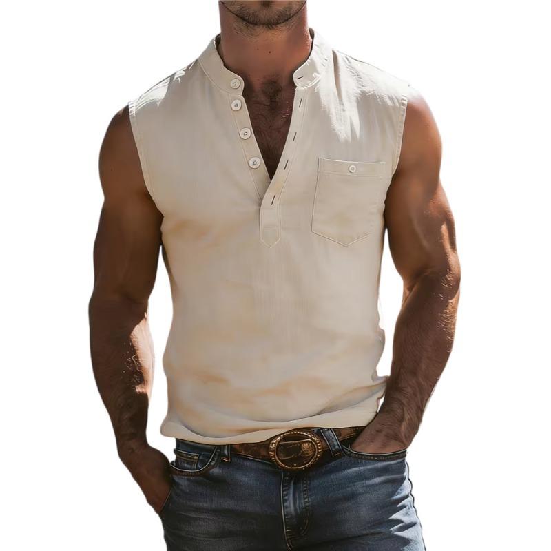 Ärmelloses Henley-Hemd für Herren aus Leinenmischung mit Brusttasche, Mehrfarbig, Lässiges Sommer-Tanktop