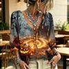 Women's Halloween Print Tie Front Ruffle V-Neck Blouse with