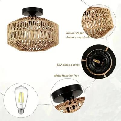 Black French Farmhouse Retro Chandelier Handmde Straw Jute Shade Iron Frame Rustic Ceiling Lighting for Bedroom Living Room