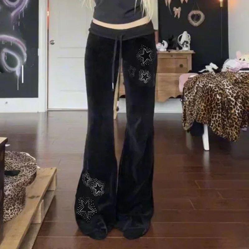 Dżinsy dzwony z aksamitu z dżetami w kształcie gwiazd, estetyka Y2K, wysoki stan, luźne spodnie dresowe do joggingu, casualowe, podstawowe, bootcut