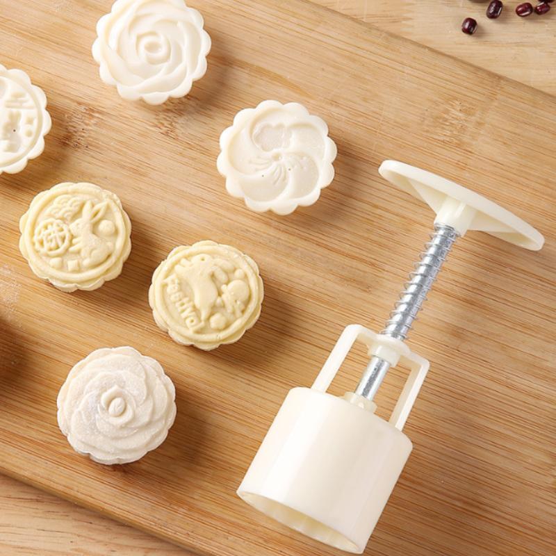 Mooncake Mold Plastic Hand-Pressure Cookie Stamps Flower Cherry Lion Pattern Plungers Pastry Decoration Tool Mid-Autumn Festival