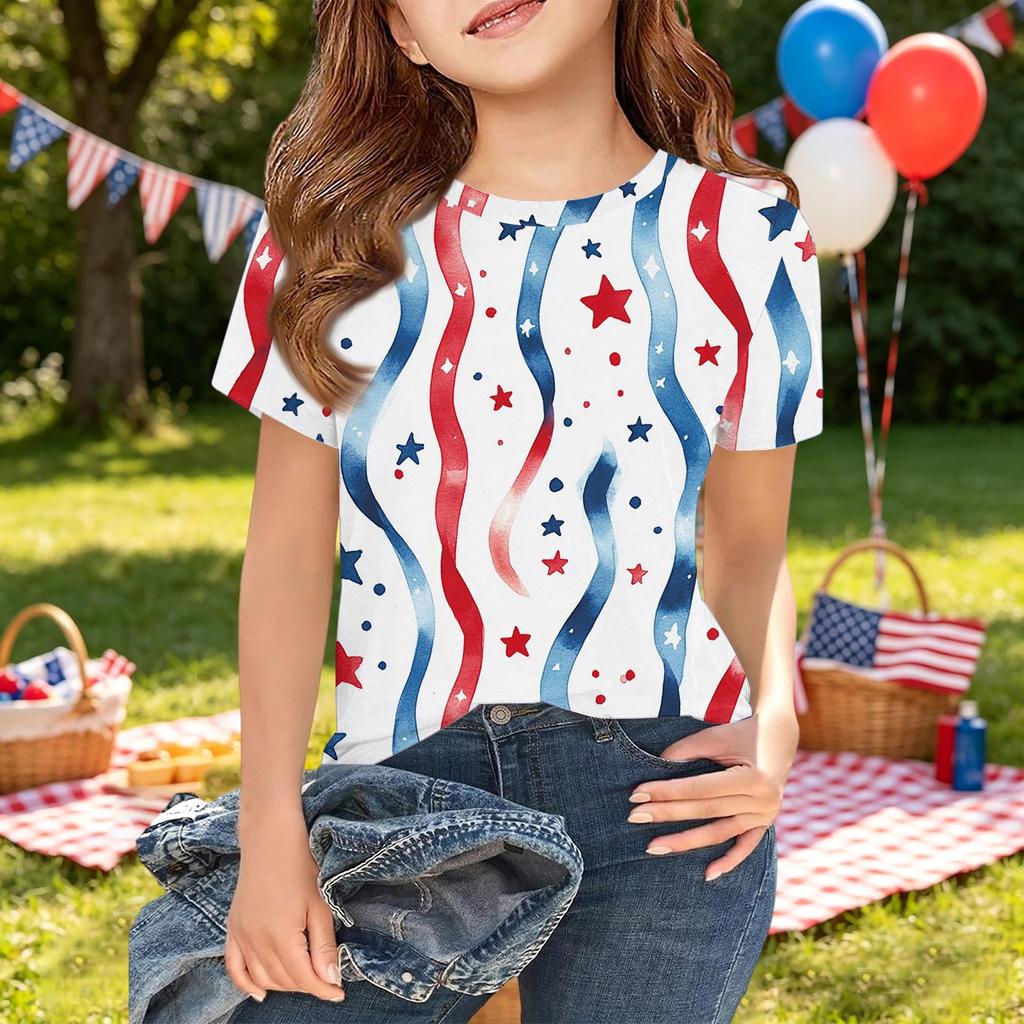 Girls Short Sleeve T Shirt Independence Day Printed Tee Top Casual Comfortable Fit Kids Summer Shirt