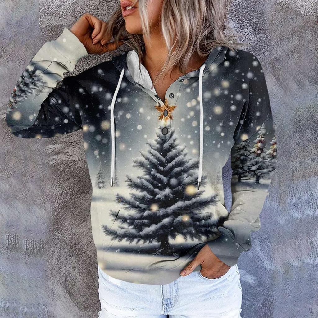 Women's Fashion Long Sleeved Christmas Tree Snowflake Printed Hoodie Top