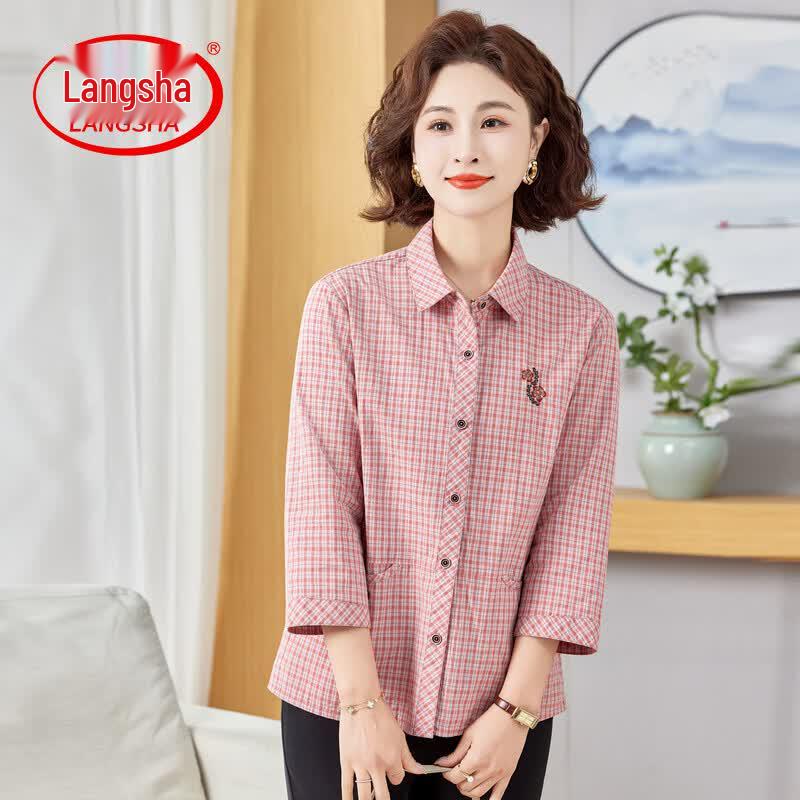 Lonsa Women s Mid-Aged Cotton Plaid 3/4 Sleeve Shirt XL