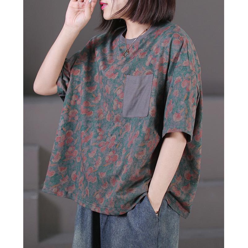 Short-sleeved Women's T-shirt Spring Summer Retro Floral Pocket Thin Loose T-shirt