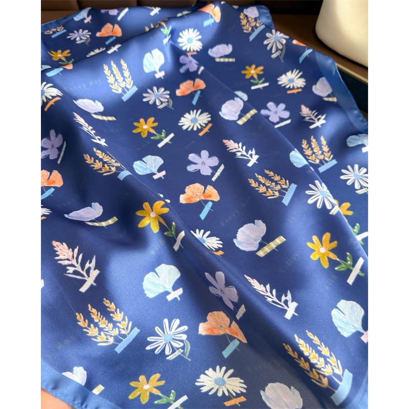 Korean Style Printed Silk Like Square Scarf For Women Sun Protection