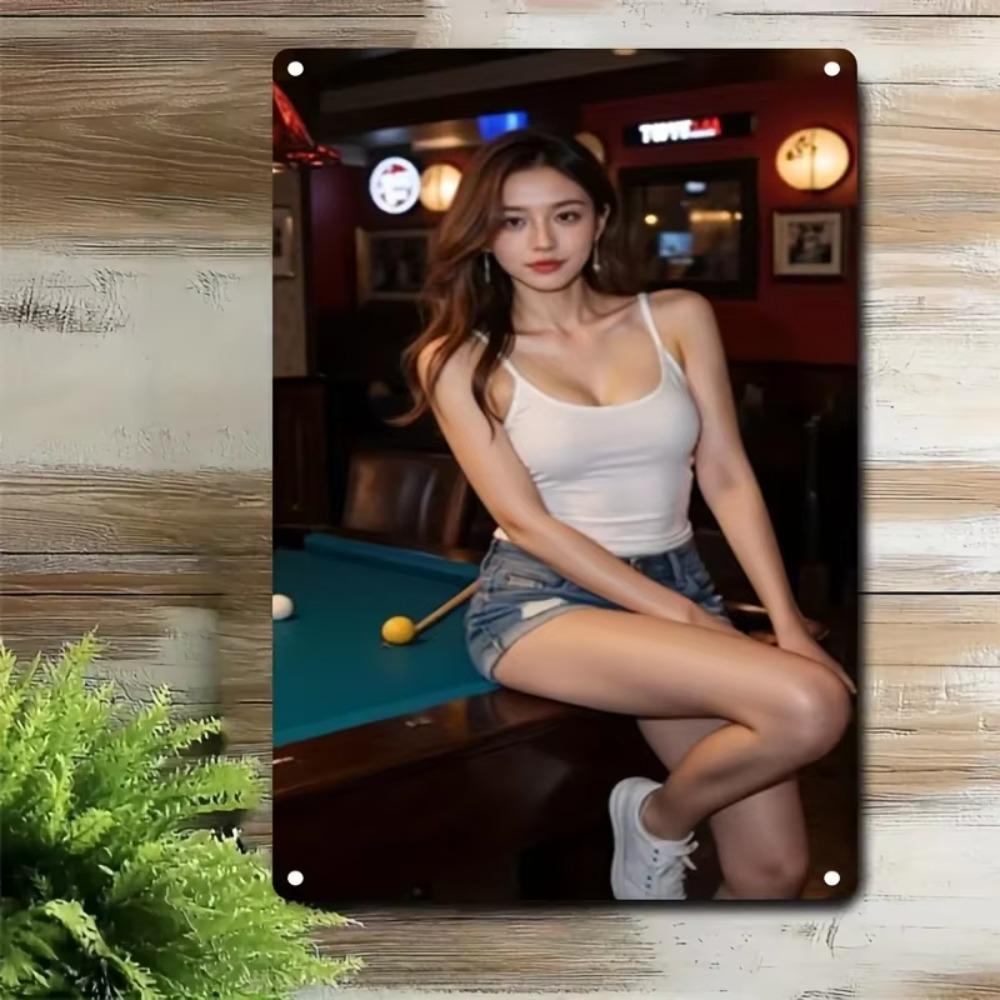 Metal Wall Art Korean Woman Billiard Bar Sign, Iron Painted Pool Poster for Home Cafe Game Room Decor, Easy Mount Holes